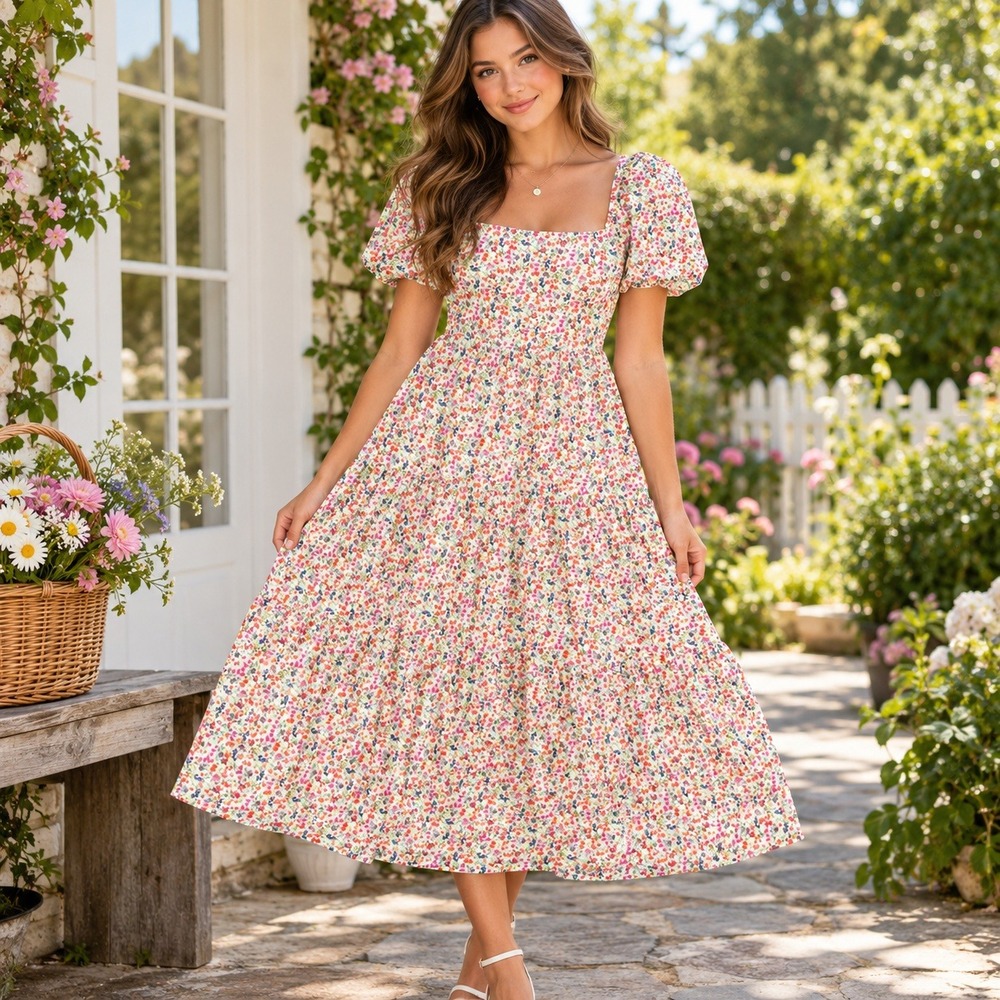 Adelyn Rae Floral Puff Sleeve Tiered Midi Dress Multi Color F221D4260 Size M